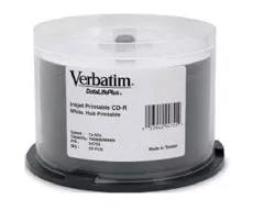 Verbatim CD-R 50pk Spindle - IJ Printable Wide - 52x 80min Blue Azo 94755 Verbatim CD-R 50pk Spindle - IJ Printable Wide - 52x 80min Blue Azo 94755