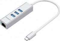 Simplecom CHN421-SILVER, Aluminium USB-C to 3 Port USB HUB With GbE Adapter