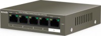 Tenda TEF1105P-4-63W, Basic switching RJ-45 Ethernet ports type: Fast Ethernet (10/100), Basic switching RJ-45 Ethernet ports quantity: 5, MAC address table: 1000 entries, Switching capacity: 1 Gbit/s, Networking standards: IEEE 802.3, IEEE 802.3af, IEEE 802.3at, IEEE 802.3u, IEEE 802.3x, DC input voltage: 51 V, Power over Ethernet (PoE), 1 Year