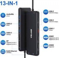 Volans VL-UCH2P, Aluminum 13-in-1 Triple Display USB-C Hub, 100W, 2xHDMI, 1xDP, 1xRJ-45, 2xUSB-C, 4xUSB3.1, 2xUSB2.0, 1x3.5mm Audio Jack, 