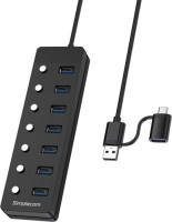 Simplecom CH375C, USB-A and USB-C to 7-Port USB 3.0 Hub, 5Gbps, Individual Switches and Power Adapter